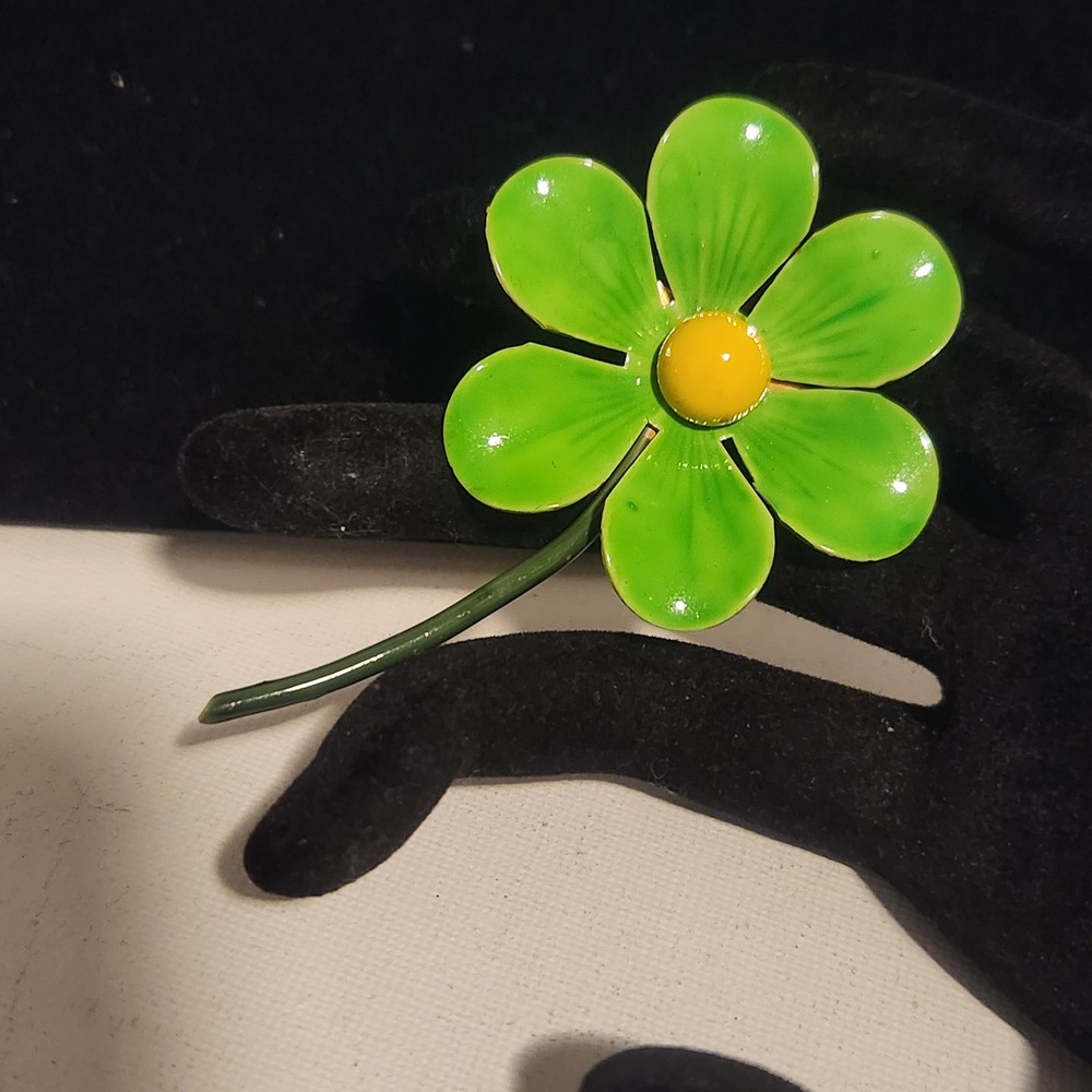 Vintage Original by Robert Enamel Flower‎ Brooch Green Yellow Floral Pin 1960s